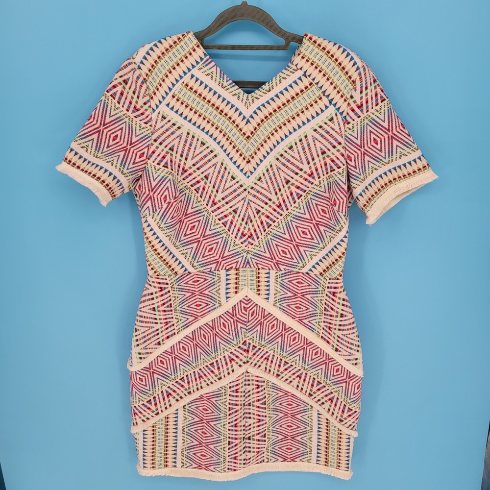 Adelyn Rae Jaylene Dress Women Large Geometric Mini Fringe Cutout Aztec boho